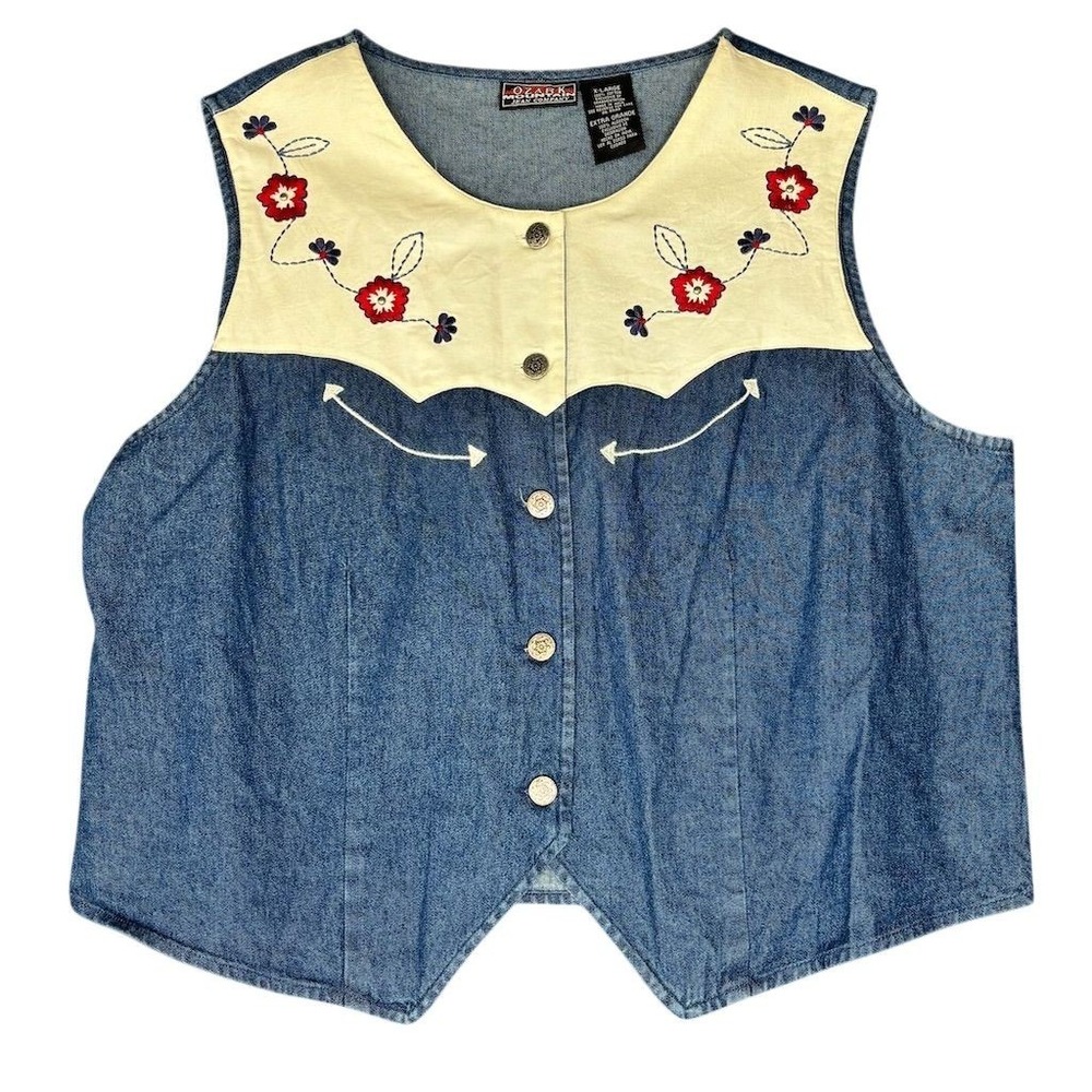 Vintage Ozark Mountain Women's XL Blue Embroidered Denim Vest‎